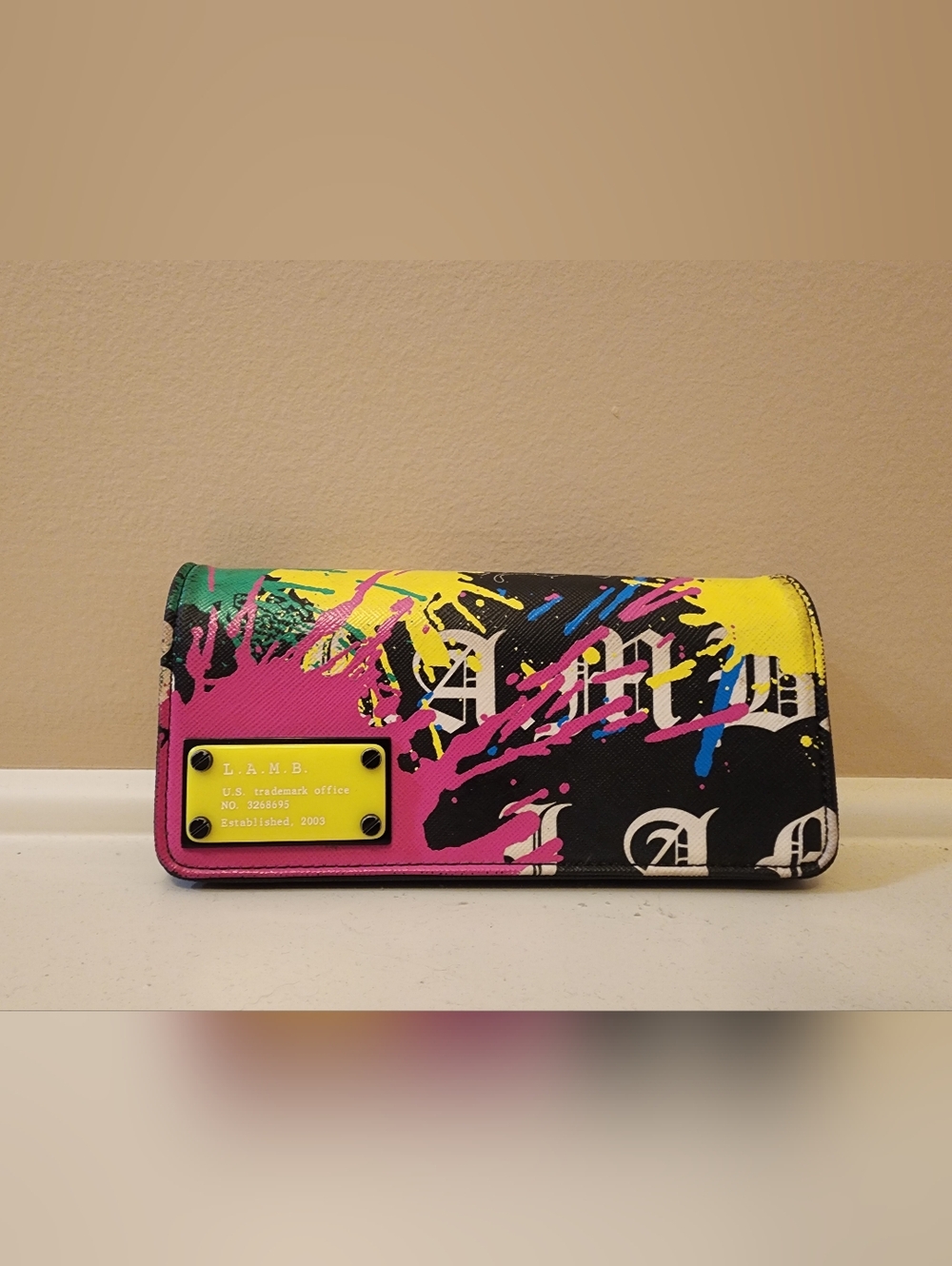 L.A.M.B. Pink, Yellow, Blue & Black Paint Splatter Wallet